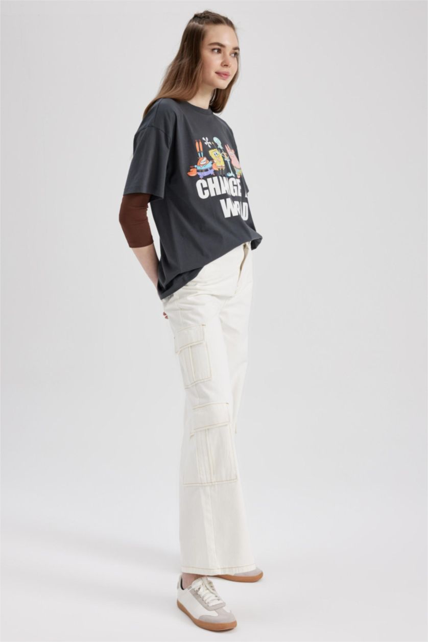 Kadın Kırık Beyaz Geniş Paça Kargo %100 Pamuk Pantolon