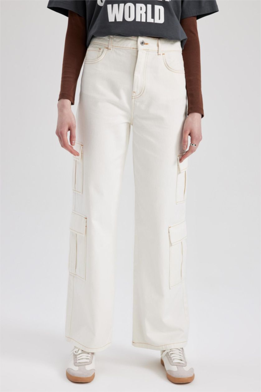 Kadın Kırık Beyaz Geniş Paça Kargo %100 Pamuk Pantolon