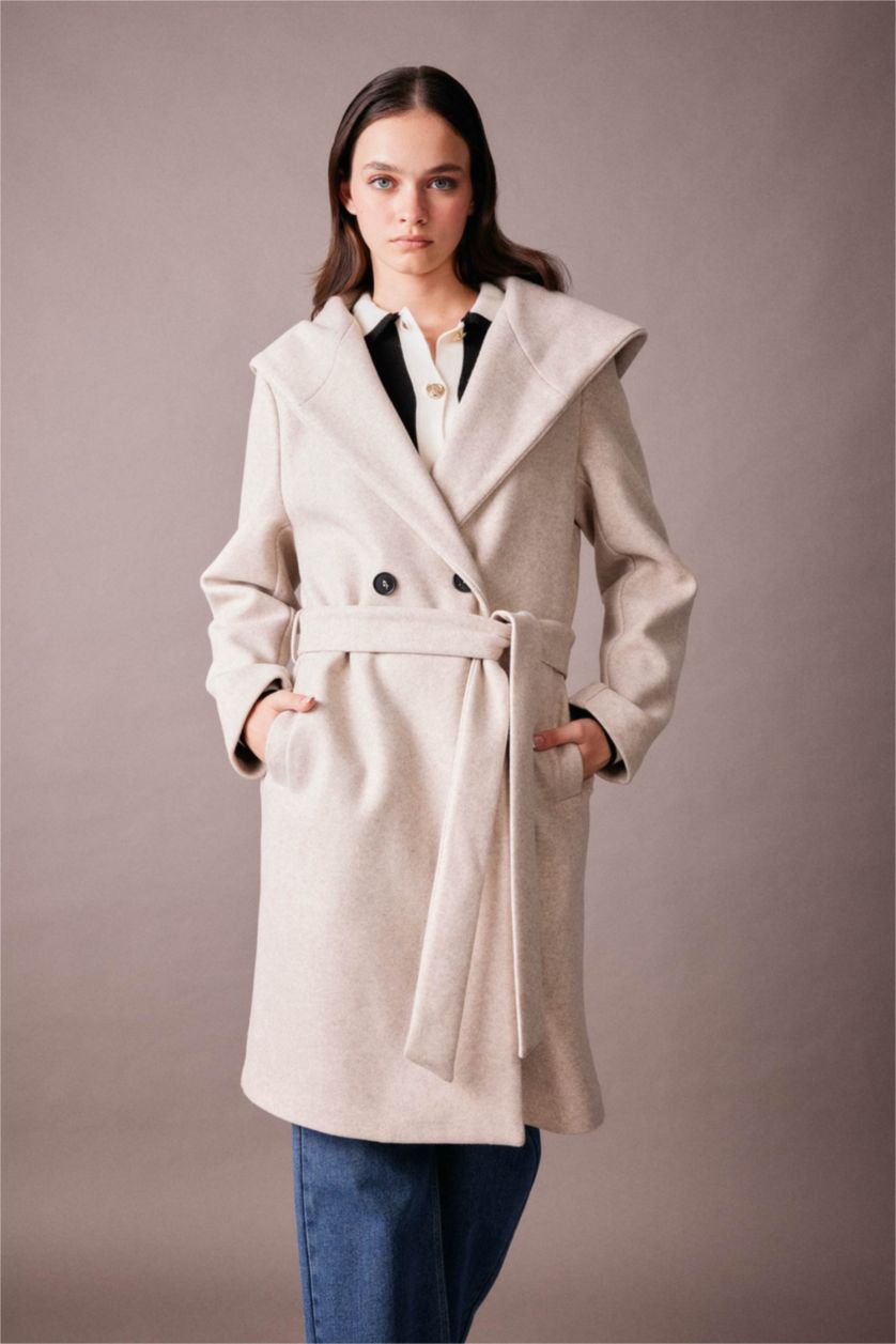 FEMME Beige Manteau Cachemire Coupe Régulière Encapuchonné
