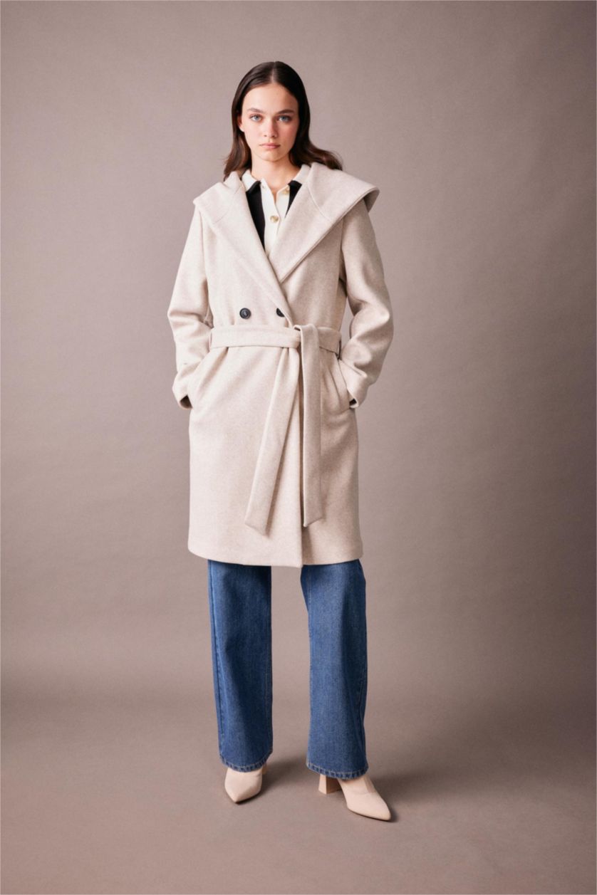 FEMME Beige Manteau Cachemire Coupe Régulière Encapuchonné