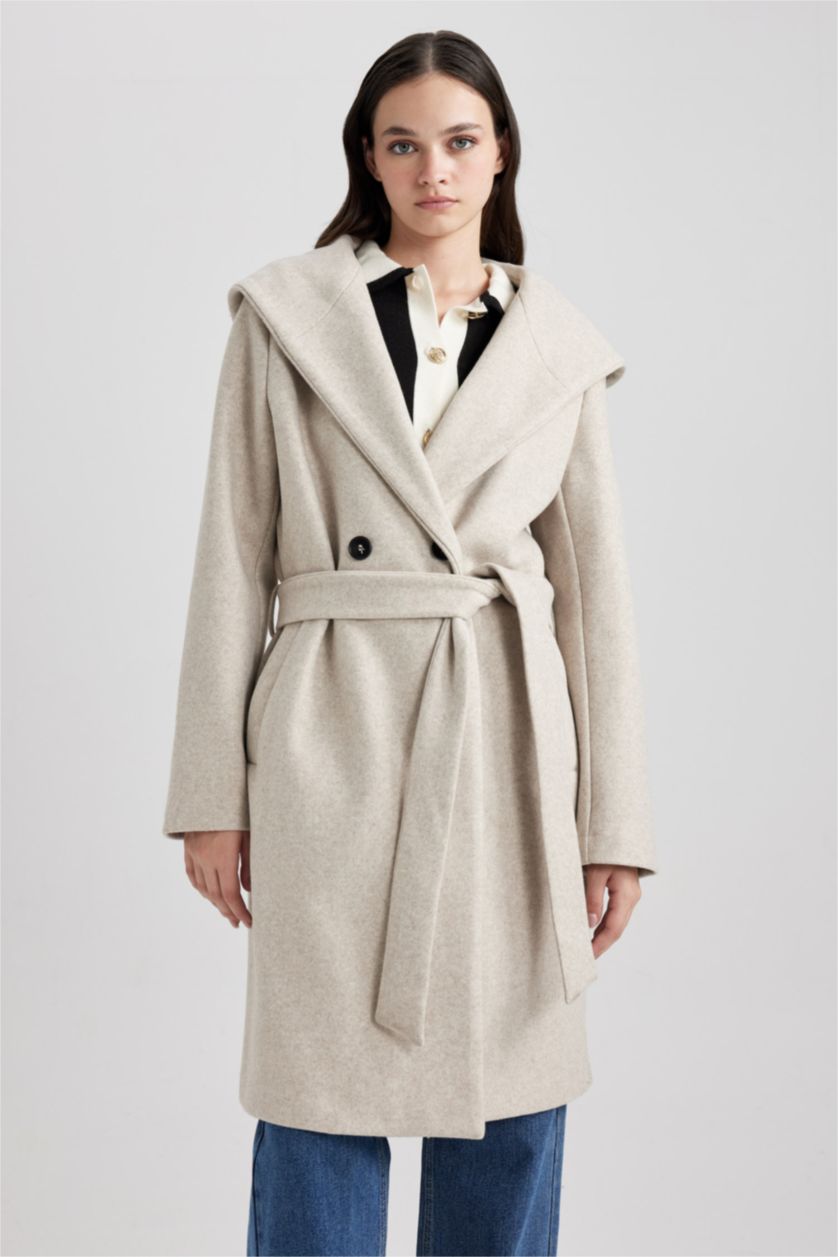 FEMME Beige Manteau Cachemire Coupe Régulière Encapuchonné