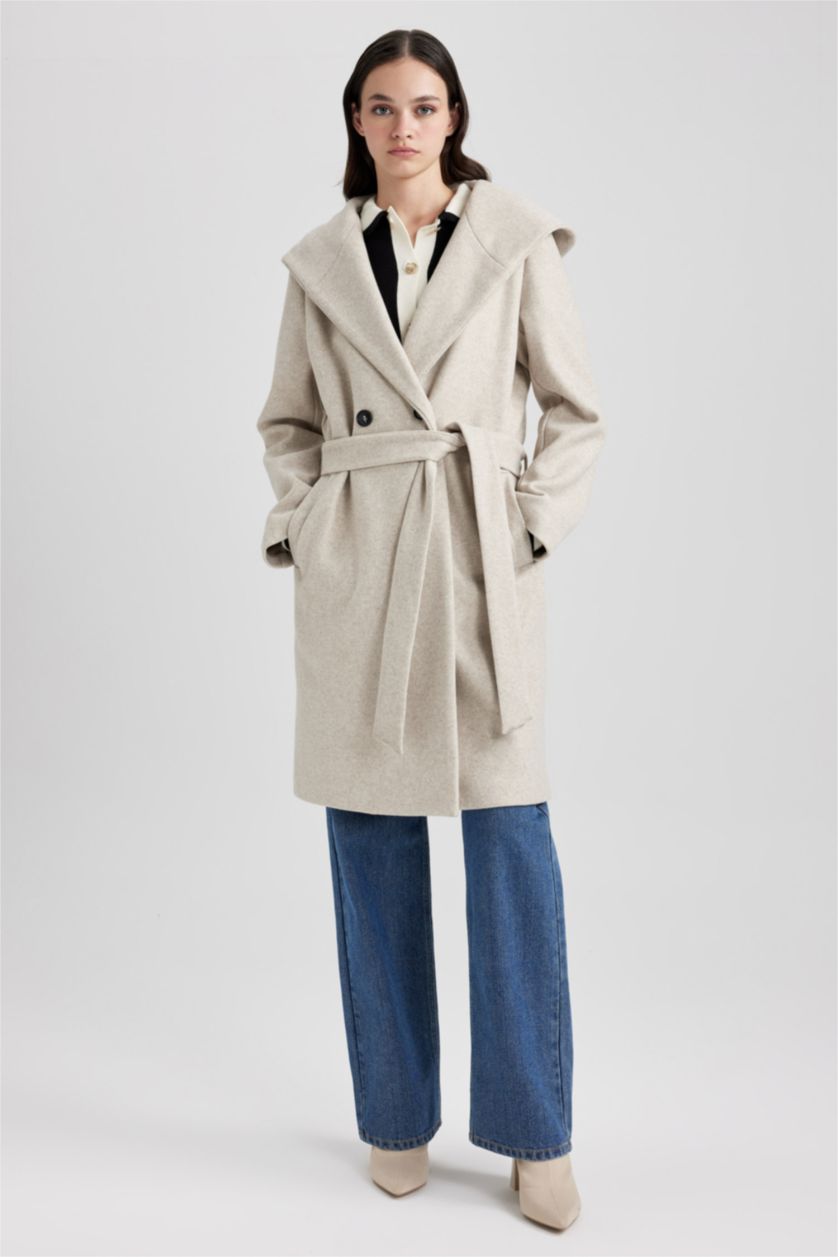 FEMME Beige Manteau Cachemire Coupe Régulière Encapuchonné