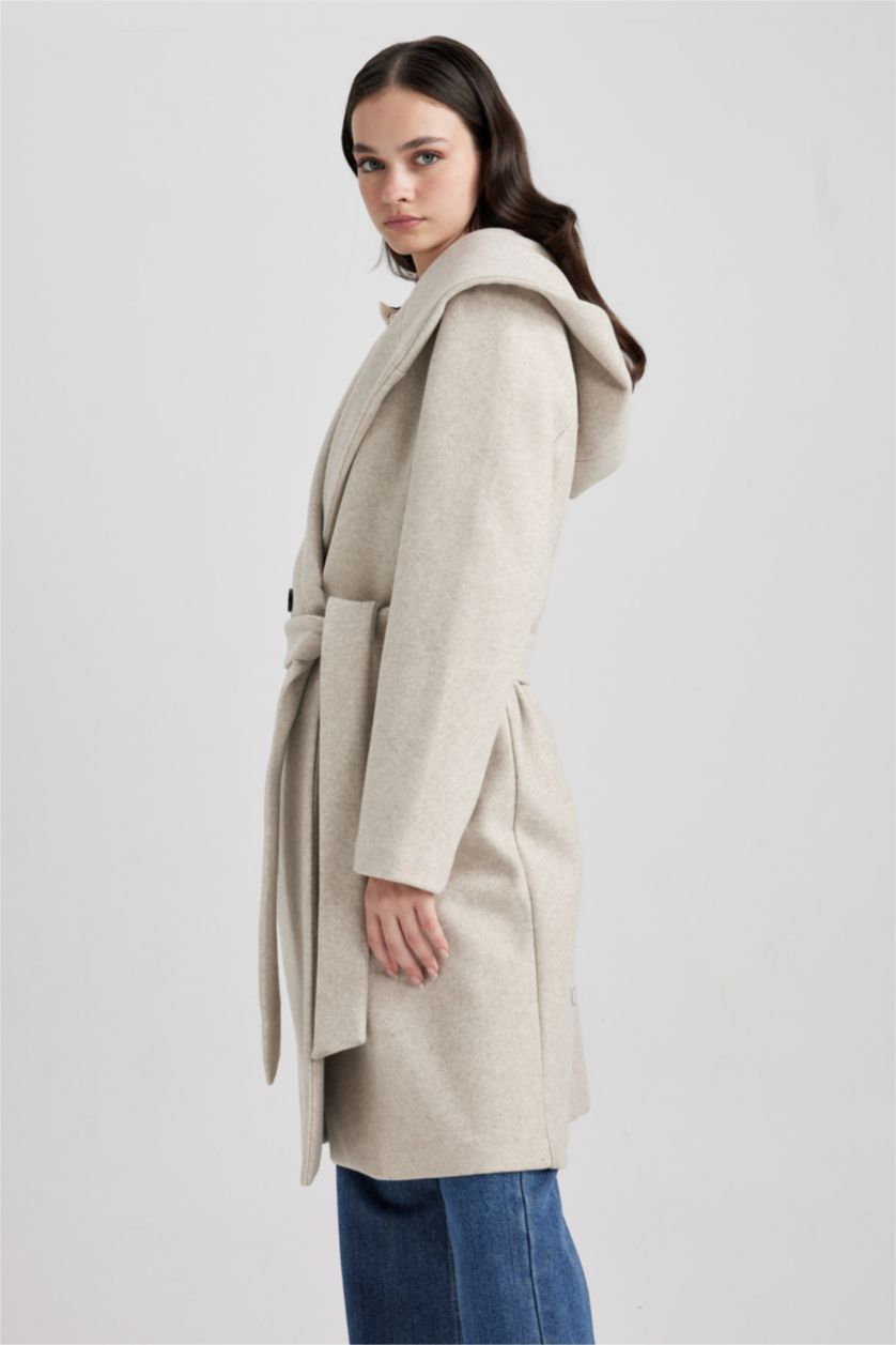 FEMME Beige Manteau Cachemire Coupe Régulière Encapuchonné