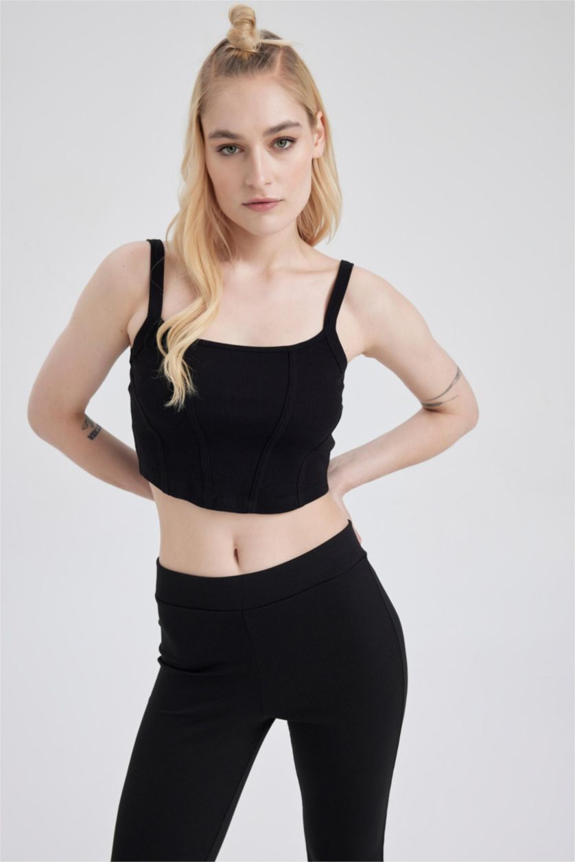 Kadın Siyah Fitted U Yaka Korse Görünümlü Fitilli Kaşkorse Siyah Atlet