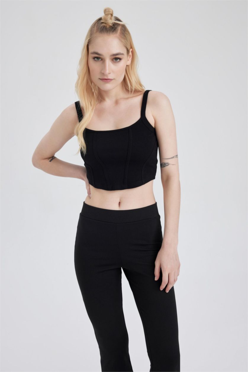 Kadın Siyah Fitted U Yaka Korse Görünümlü Fitilli Kaşkorse Siyah Atlet