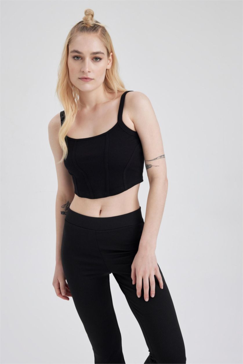 Kadın Siyah Fitted U Yaka Korse Görünümlü Fitilli Kaşkorse Siyah Atlet