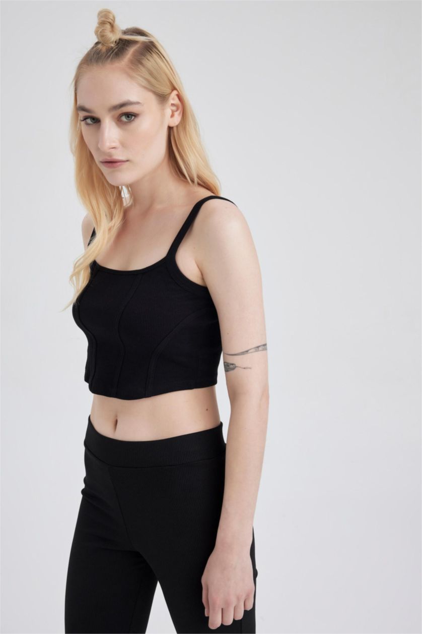 Kadın Siyah Fitted U Yaka Korse Görünümlü Fitilli Kaşkorse Siyah Atlet