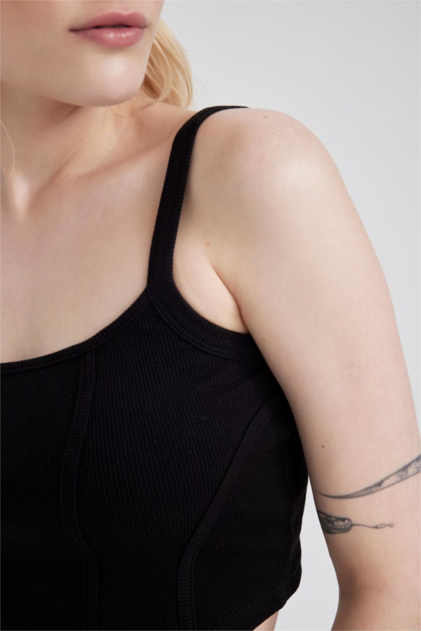 Kadın Siyah Fitted U Yaka Korse Görünümlü Fitilli Kaşkorse Siyah Atlet