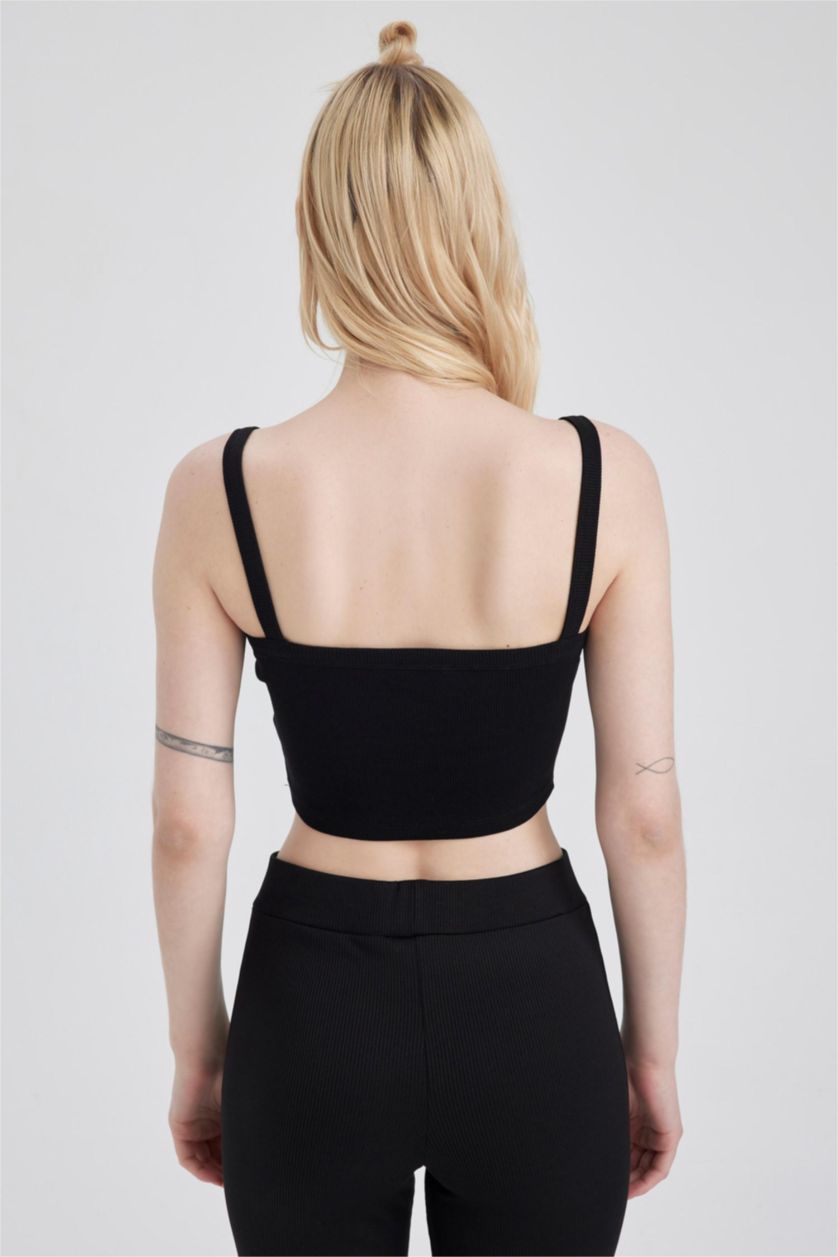 Kadın Siyah Fitted U Yaka Korse Görünümlü Fitilli Kaşkorse Siyah Atlet