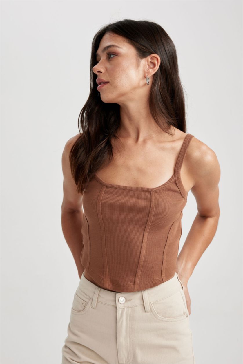 Kadın Açık Kahve Fitted U Yaka Korse Görünümlü Fitilli Kaşkorse Atlet