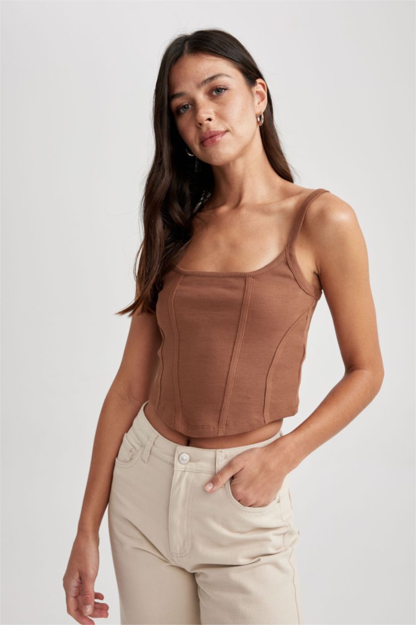 Kadın Açık Kahve Fitted U Yaka Korse Görünümlü Fitilli Kaşkorse Atlet