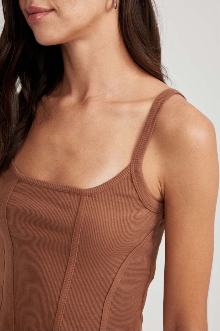 Kadın Açık Kahve Fitted U Yaka Korse Görünümlü Fitilli Kaşkorse Atlet