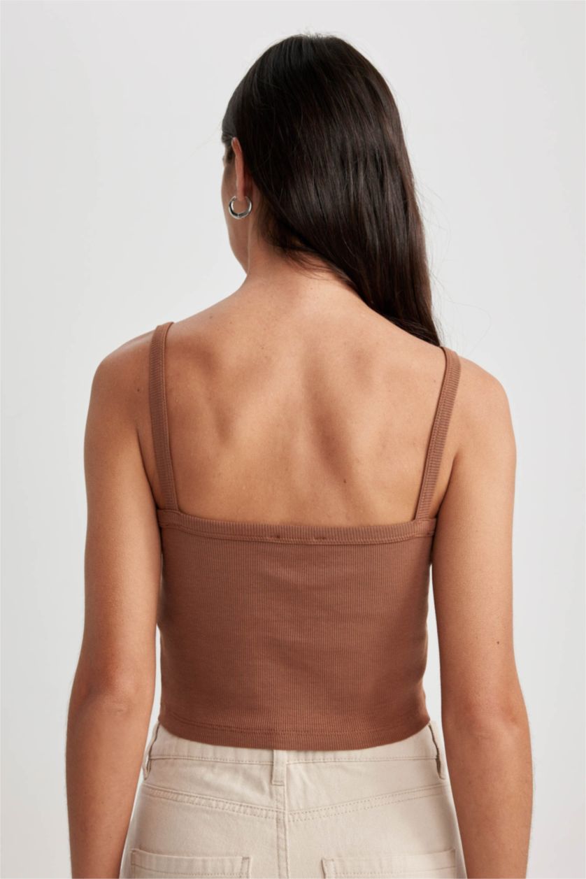 Kadın Açık Kahve Fitted U Yaka Korse Görünümlü Fitilli Kaşkorse Atlet