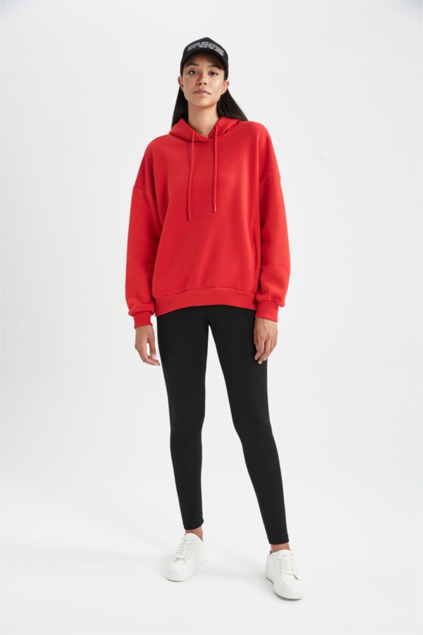Женщины Красный Свитшот оверсайз с капюшоном базовый из плотной ткани для женщин