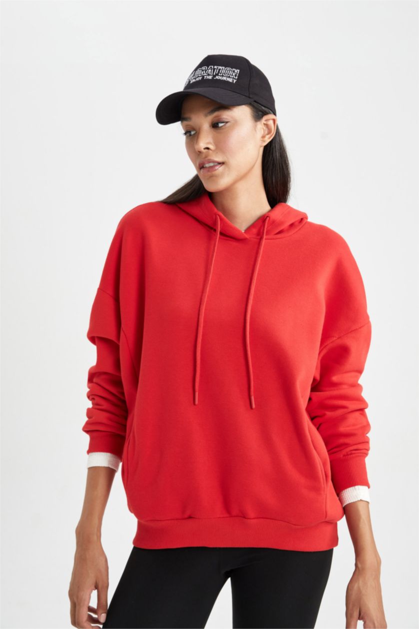 Женщины Красный Свитшот оверсайз с капюшоном базовый из плотной ткани для женщин