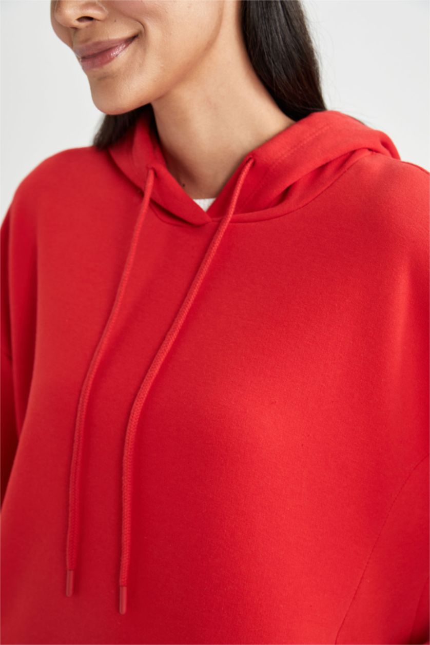 Женщины Красный Свитшот оверсайз с капюшоном базовый из плотной ткани для женщин