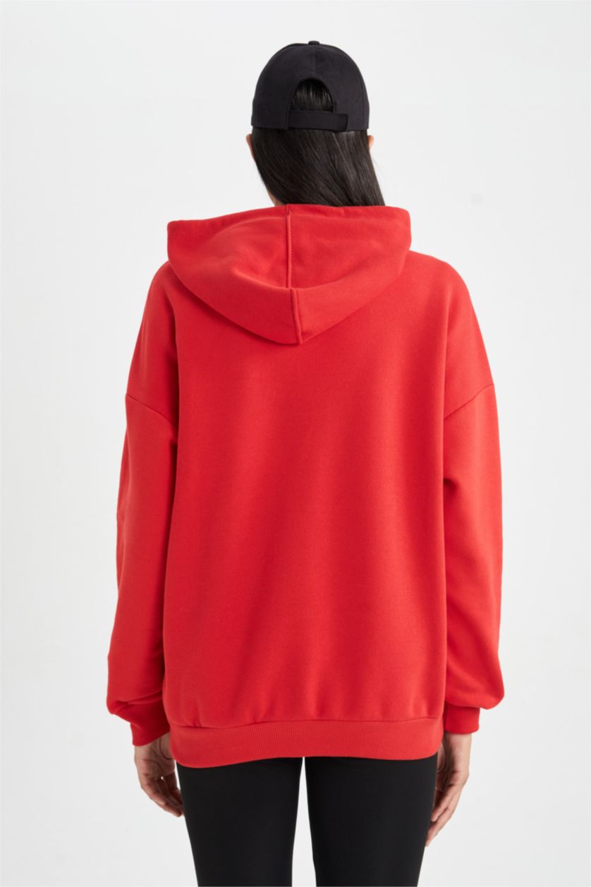 Женщины Красный Свитшот оверсайз с капюшоном базовый из плотной ткани для женщин