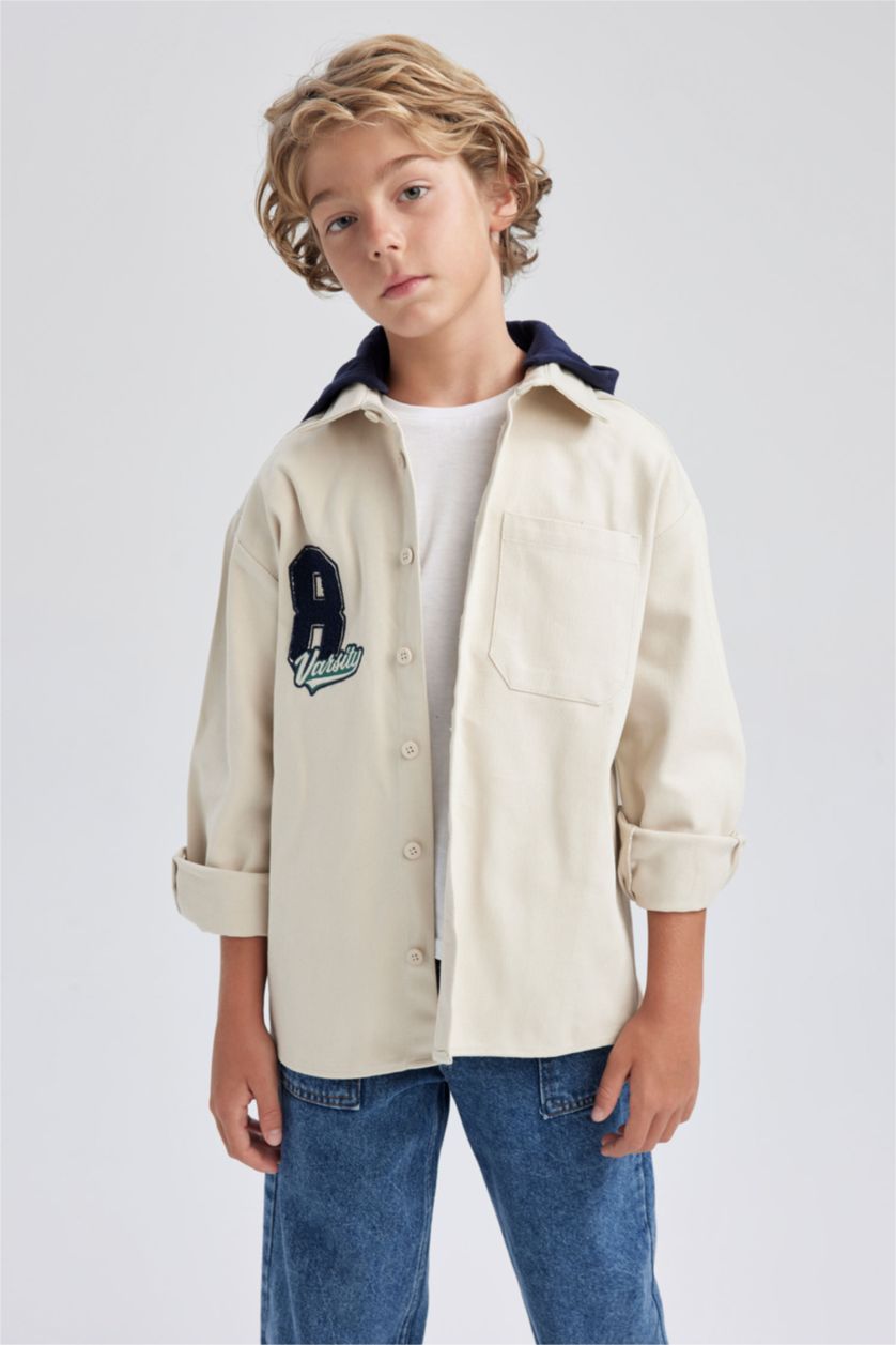 BOYS & TEENS Beige Boy Oversize Fit Hooded Gabardine Long Sleeve Shirt