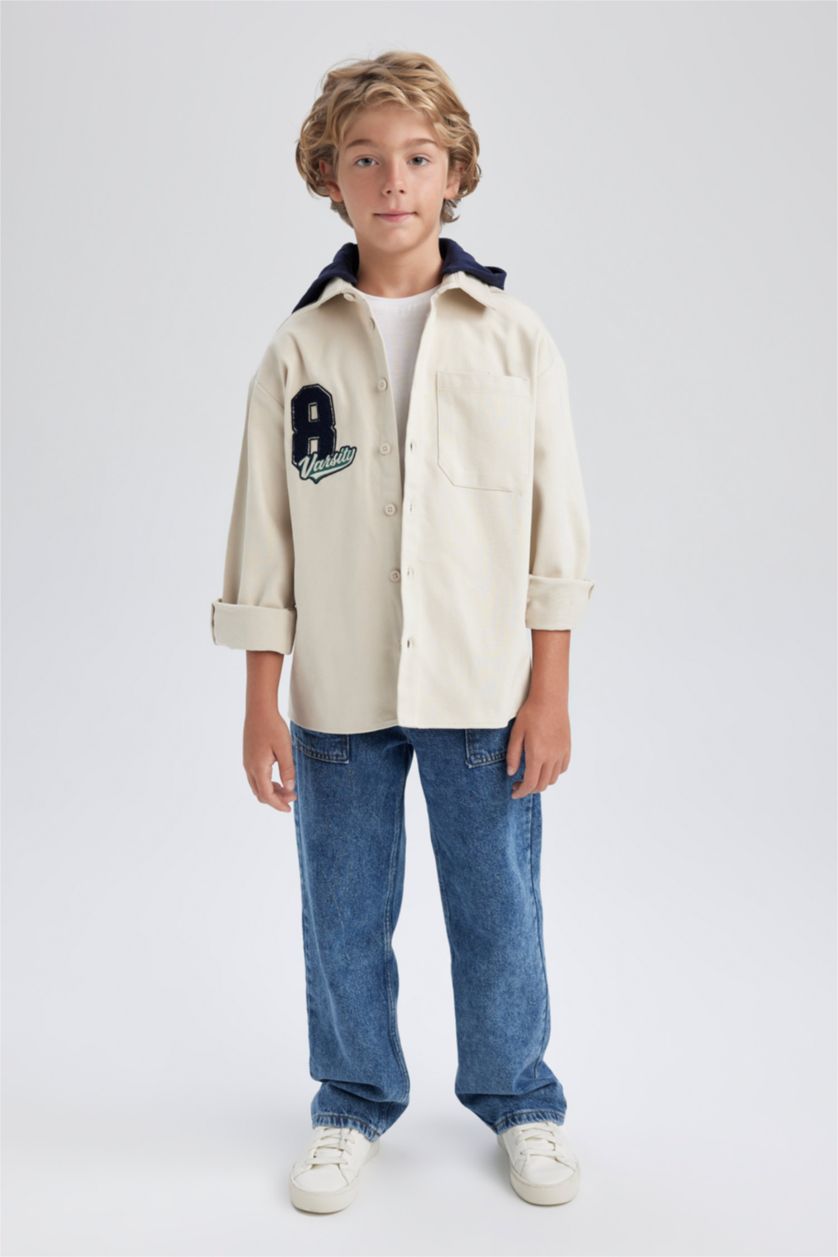 BOYS & TEENS Beige Boy Oversize Fit Hooded Gabardine Long Sleeve Shirt