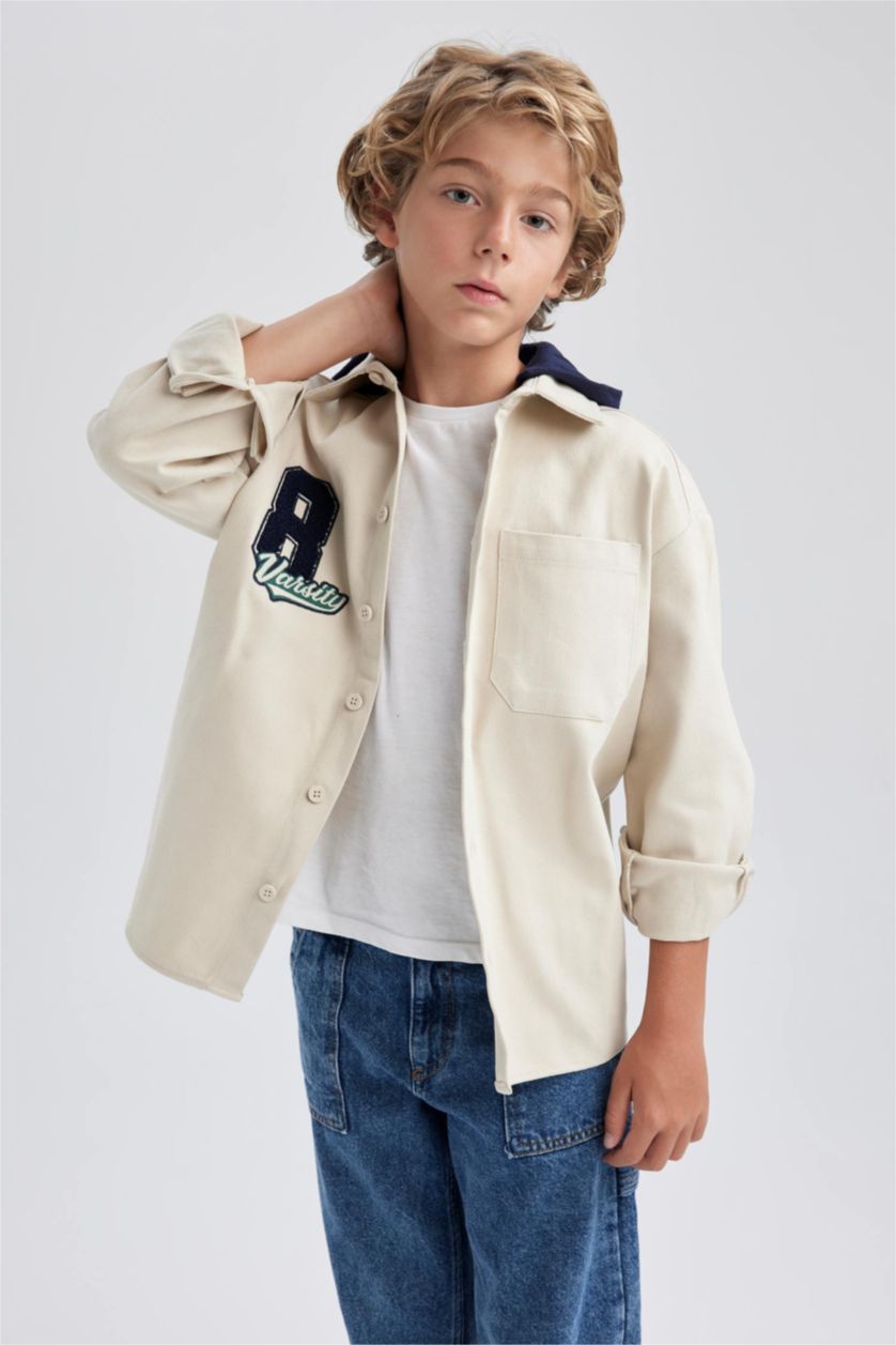 BOYS & TEENS Beige Boy Oversize Fit Hooded Gabardine Long Sleeve Shirt
