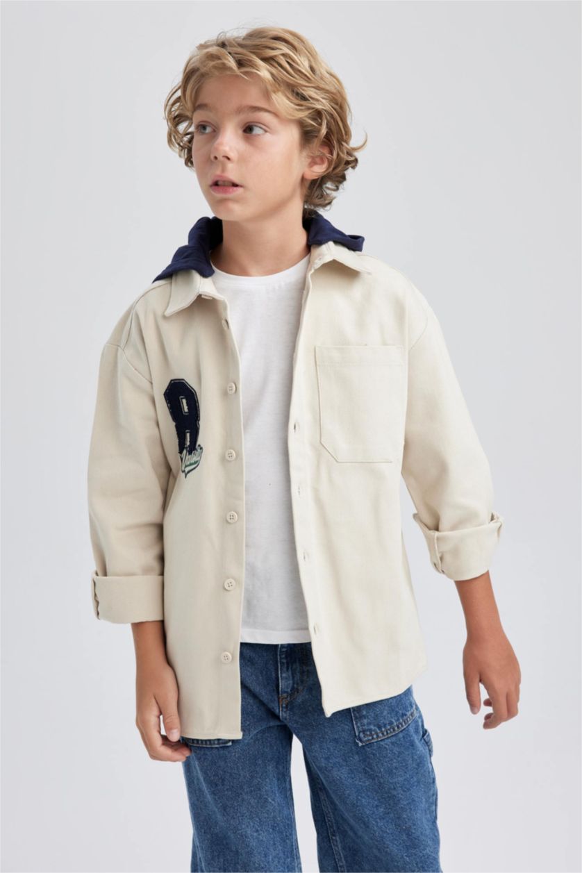 BOYS & TEENS Beige Boy Oversize Fit Hooded Gabardine Long Sleeve Shirt