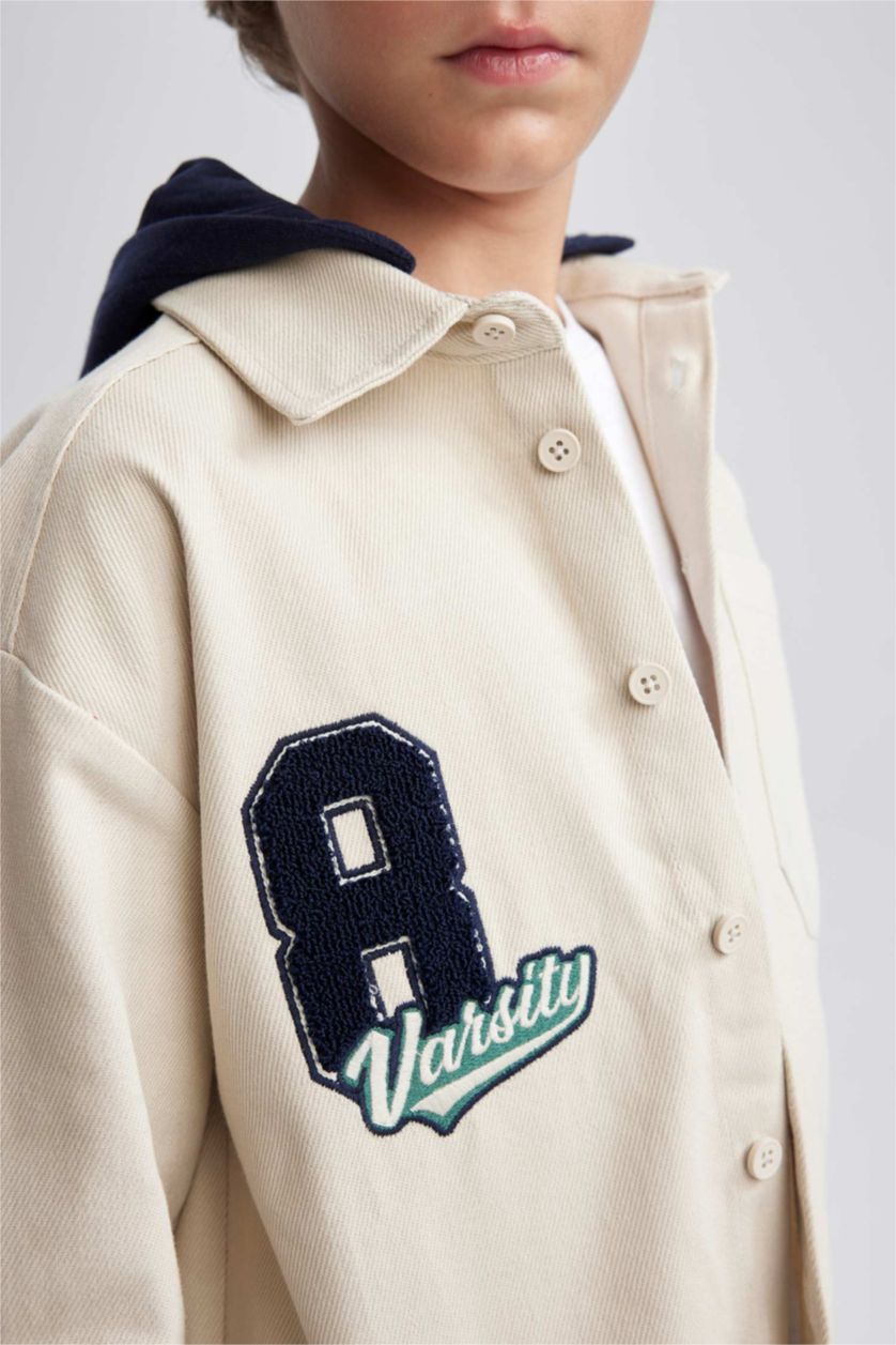 BOYS & TEENS Beige Boy Oversize Fit Hooded Gabardine Long Sleeve Shirt