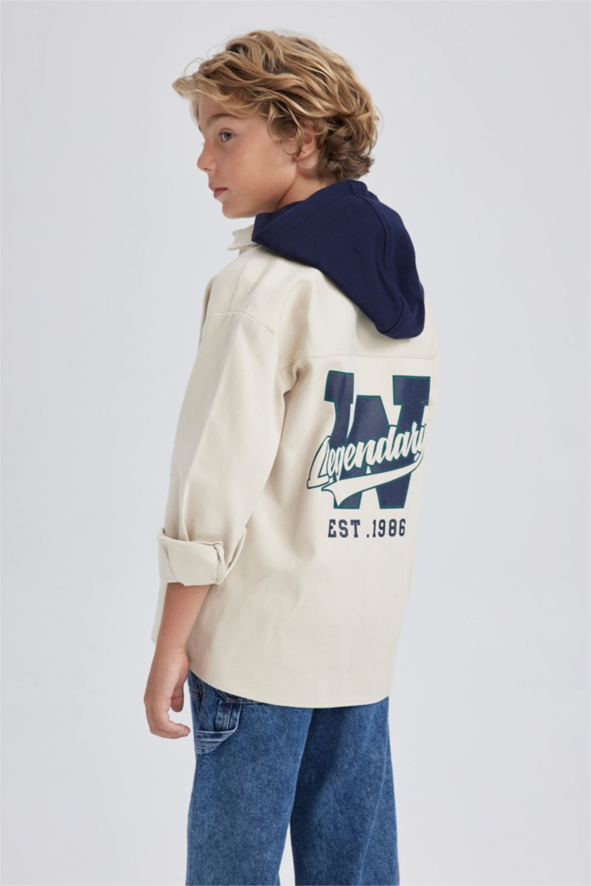 BOYS & TEENS Beige Boy Oversize Fit Hooded Gabardine Long Sleeve Shirt