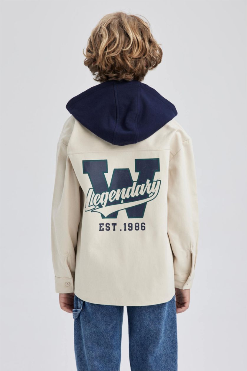 BOYS & TEENS Beige Boy Oversize Fit Hooded Gabardine Long Sleeve Shirt