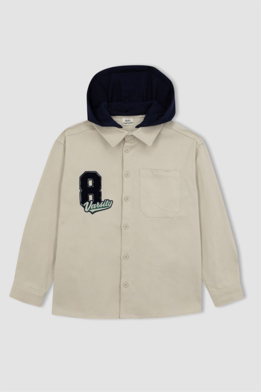 BOYS & TEENS Beige Boy Oversize Fit Hooded Gabardine Long Sleeve Shirt