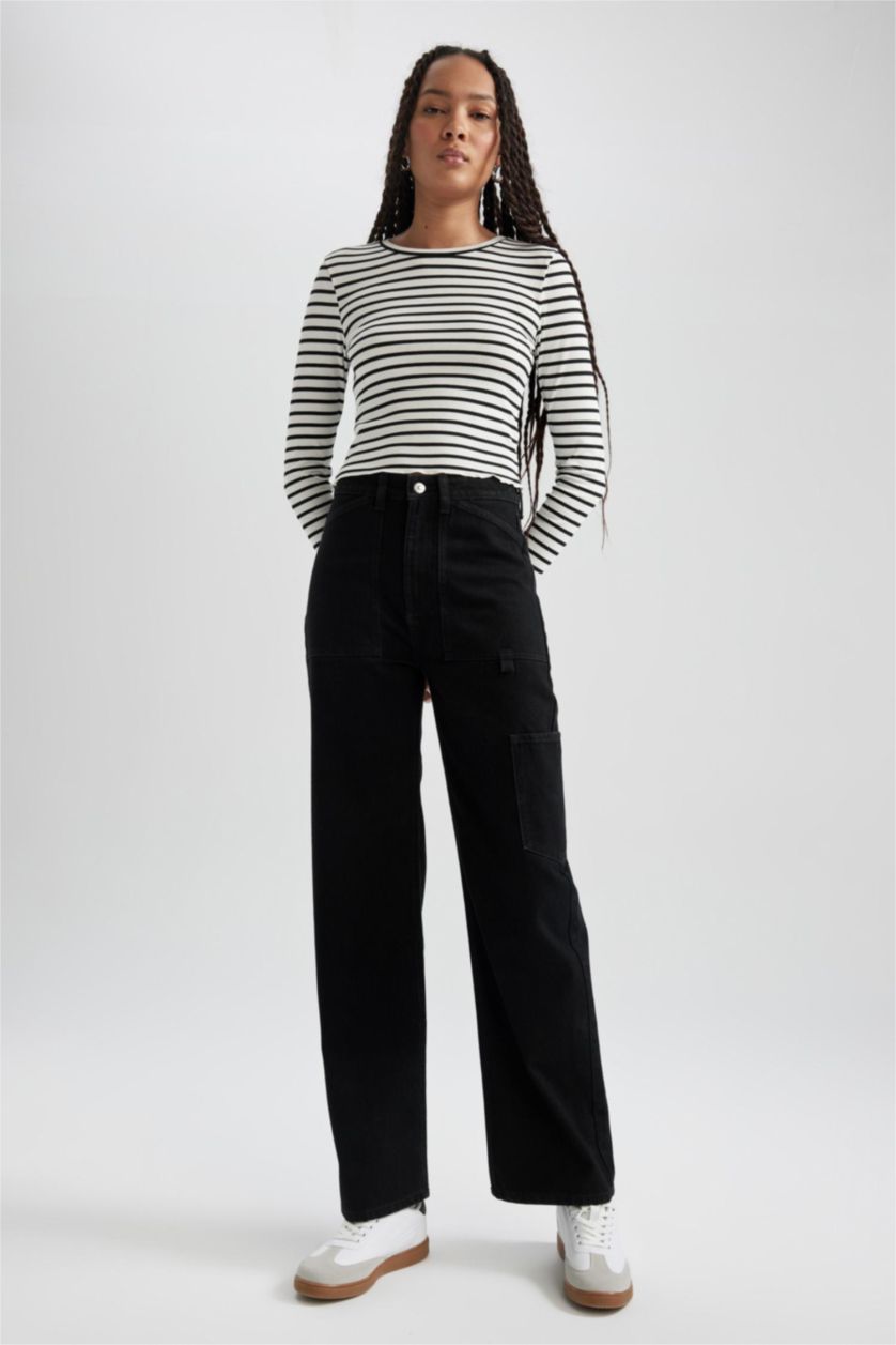 Kadın Kırık Beyaz Fıtted Bisiklet Yaka Çizgili Fitilli Kaşkorse Uzun Kollu Tişört