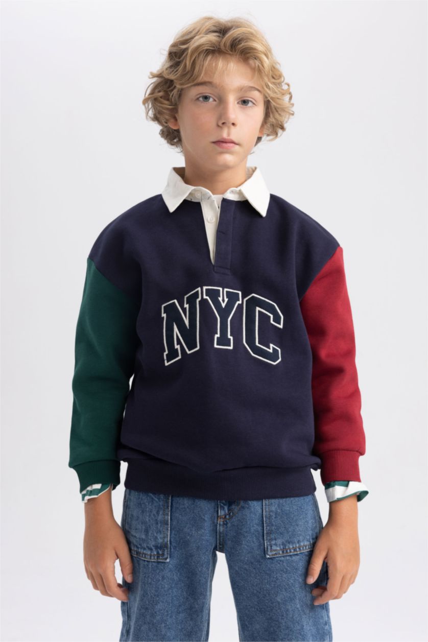 Boys & Teens NAVY Oversize Fit Color Block Polo Collar Sweatshirt