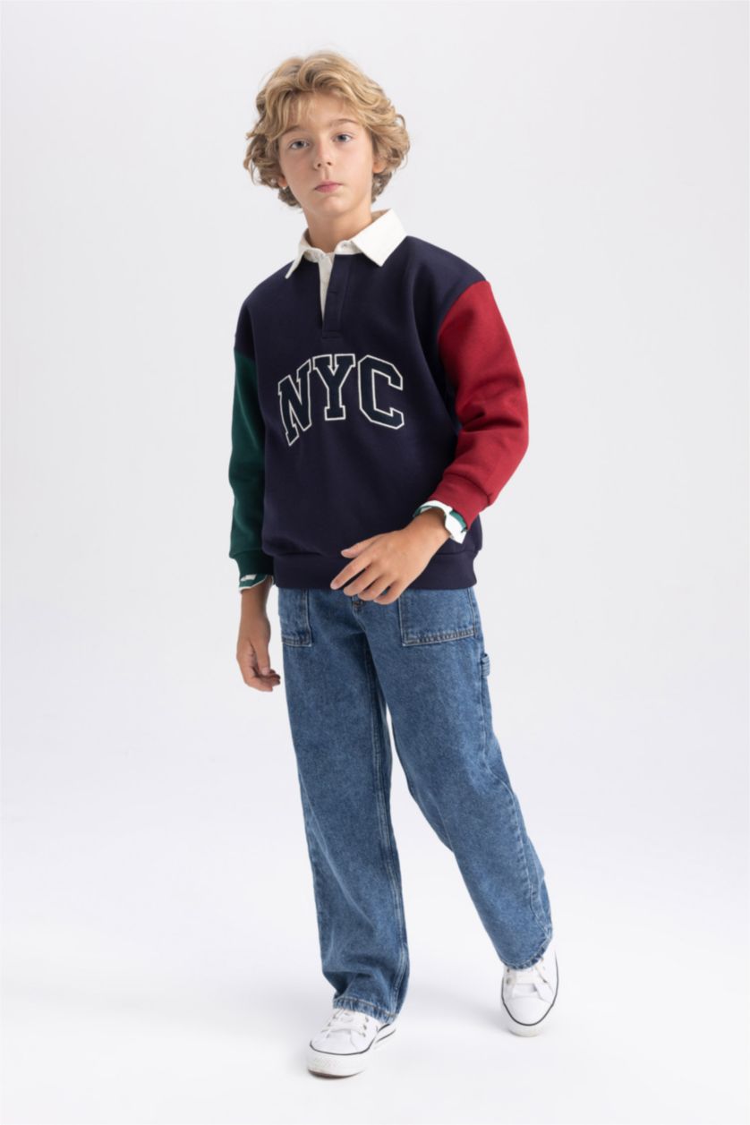 Boys & Teens NAVY Oversize Fit Color Block Polo Collar Sweatshirt