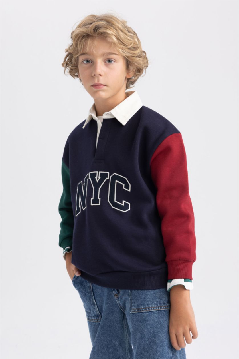 Boys & Teens NAVY Oversize Fit Color Block Polo Collar Sweatshirt