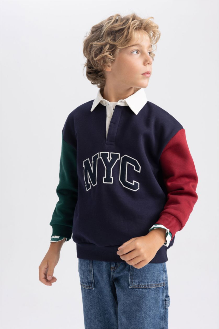 Boys & Teens NAVY Oversize Fit Color Block Polo Collar Sweatshirt
