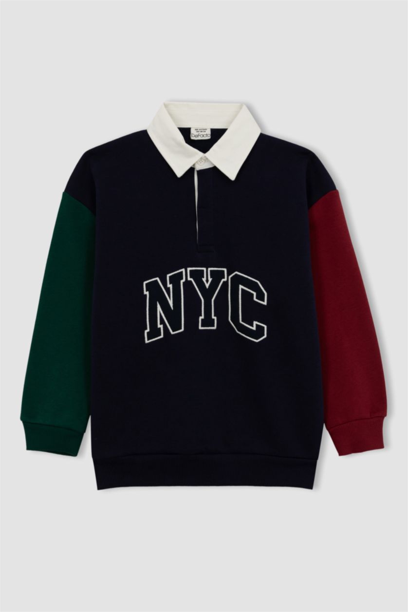 Boys & Teens NAVY Oversize Fit Color Block Polo Collar Sweatshirt