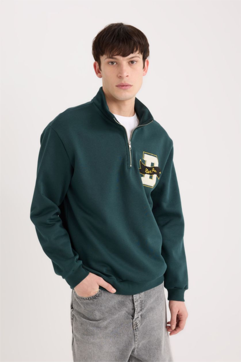 Erkek Yeşil Regular Fit Dik Yaka Fermuarlı Baskılı Sweatshirt