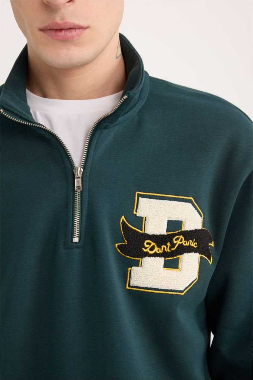 Erkek Yeşil Regular Fit Dik Yaka Fermuarlı Baskılı Sweatshirt