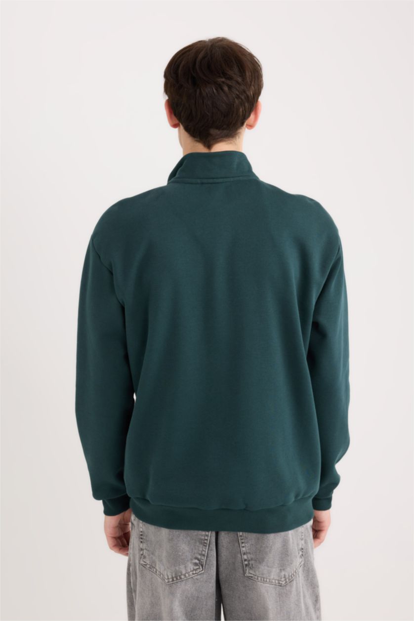 Erkek Yeşil Regular Fit Dik Yaka Fermuarlı Baskılı Sweatshirt