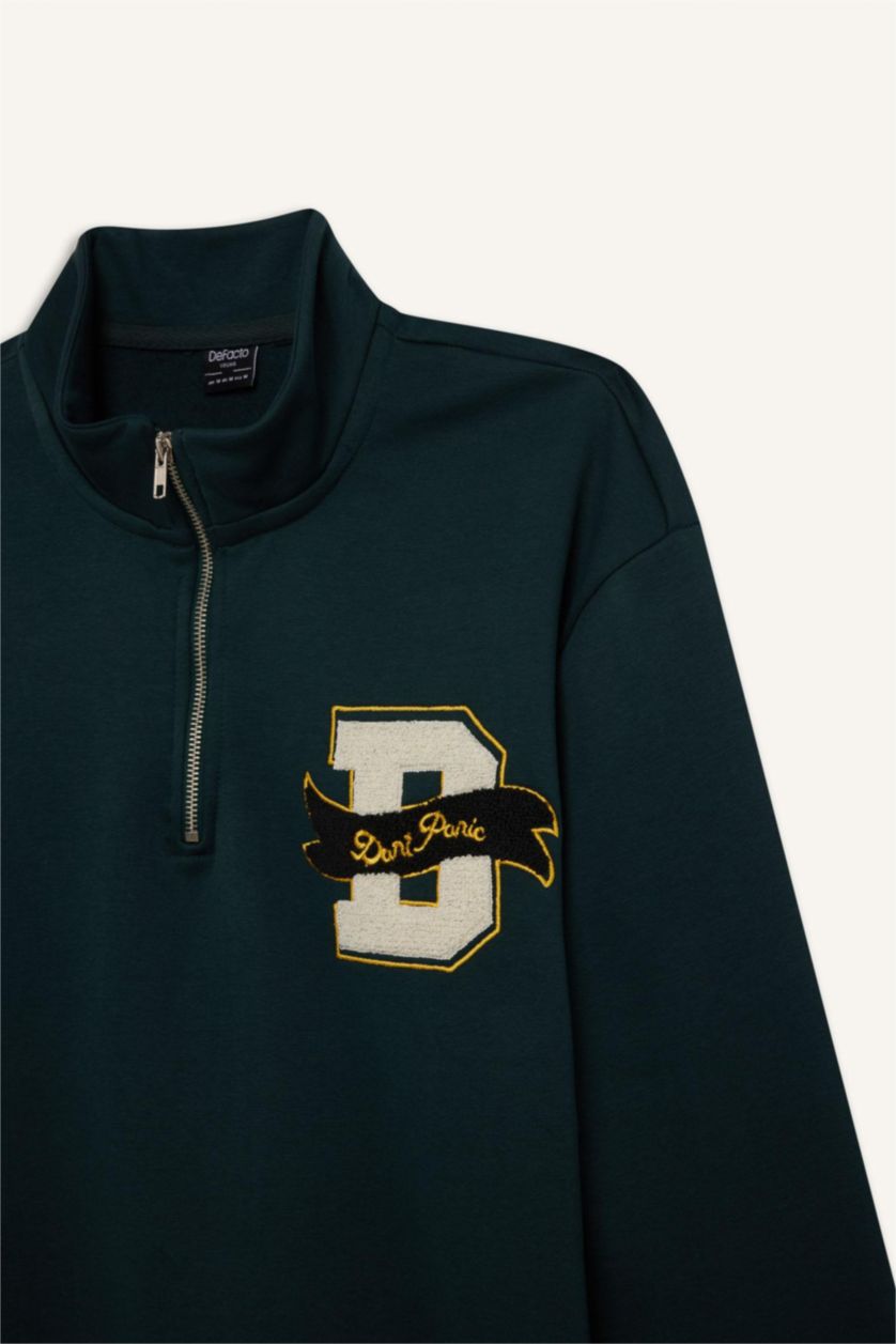 Erkek Yeşil Regular Fit Dik Yaka Fermuarlı Baskılı Sweatshirt