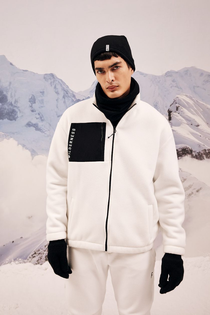 Erkek Ekru Oversize Fit Geniş Kalıp Cepli Polar Fermuarlı Sweatshirt