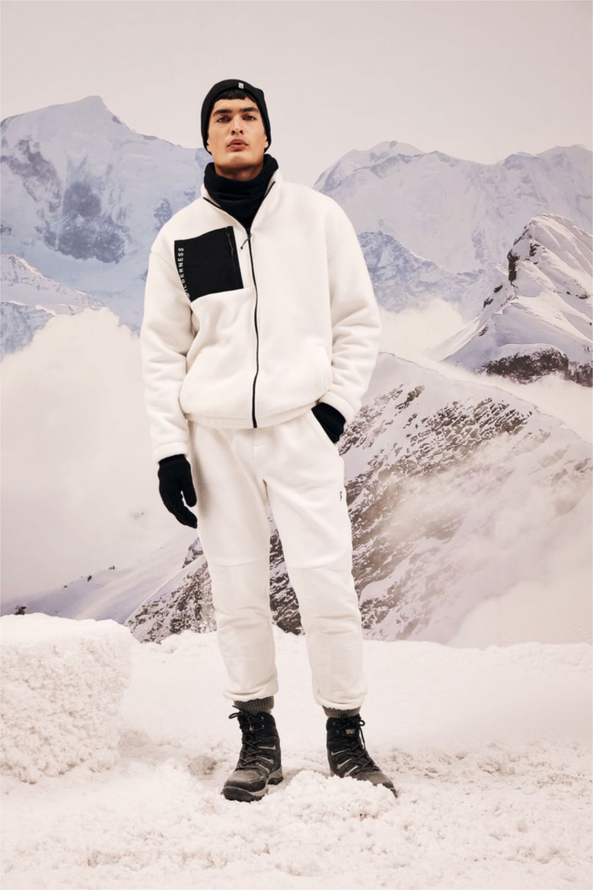 Erkek Ekru Oversize Fit Geniş Kalıp Cepli Polar Fermuarlı Sweatshirt