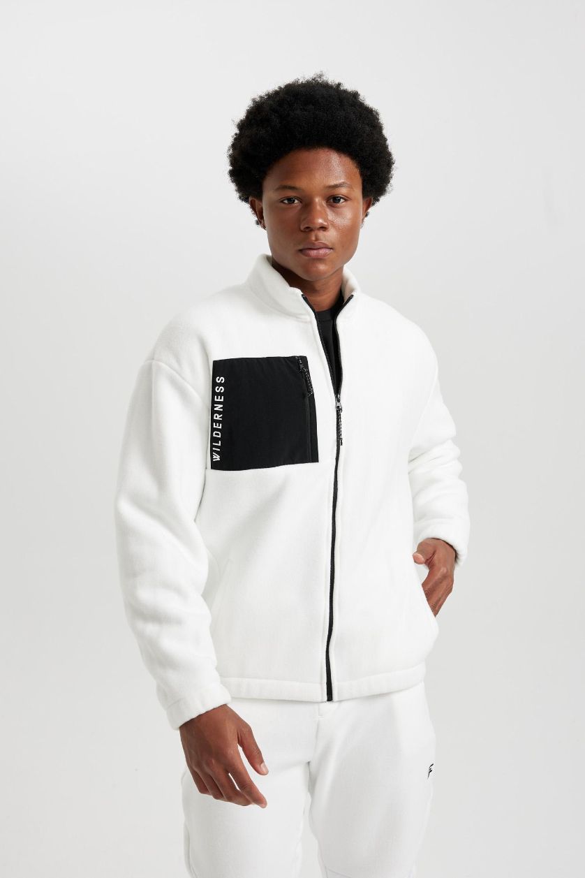 Erkek Ekru Oversize Fit Geniş Kalıp Cepli Polar Fermuarlı Sweatshirt