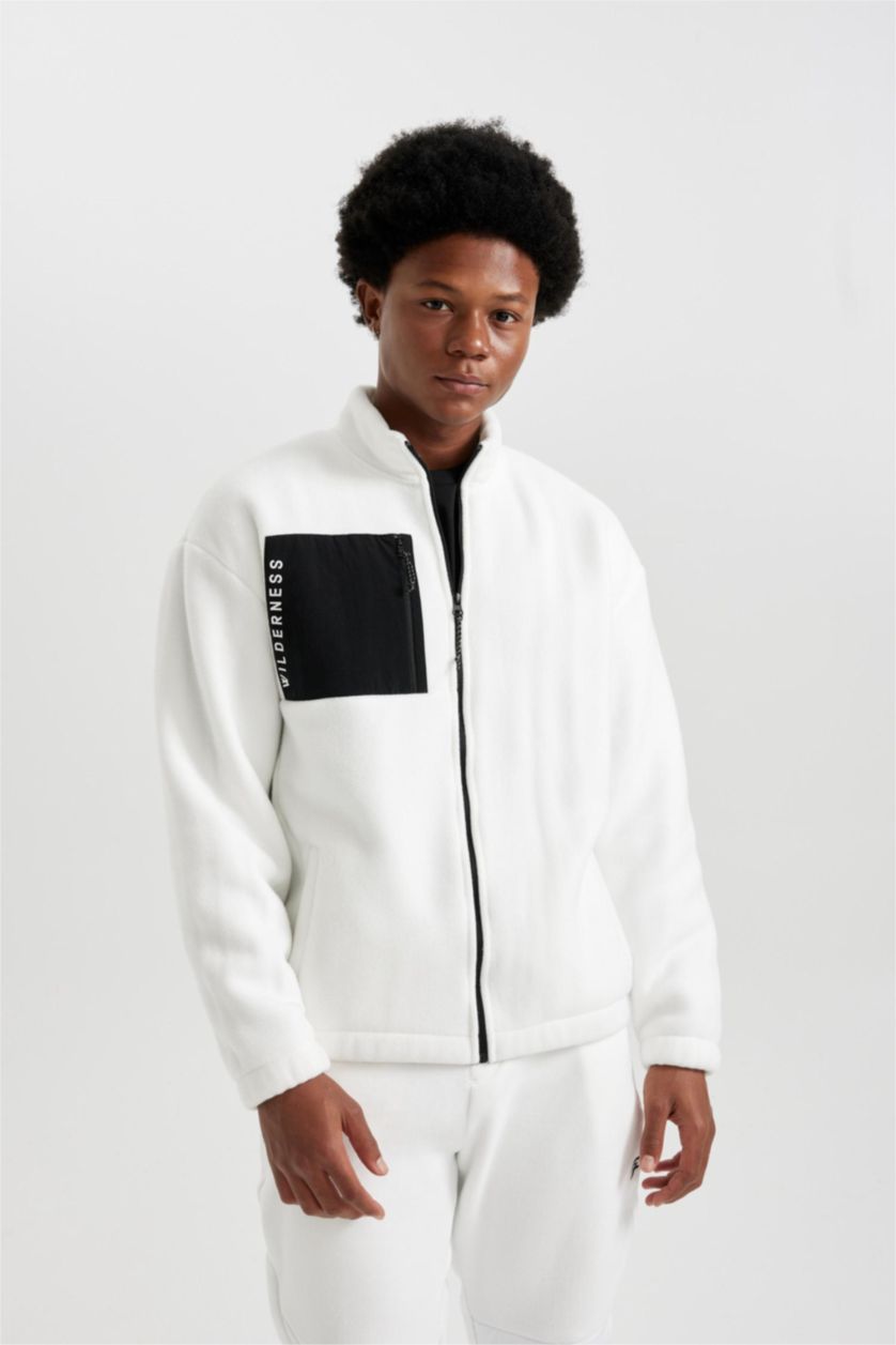 Erkek Ekru Oversize Fit Geniş Kalıp Cepli Polar Fermuarlı Sweatshirt