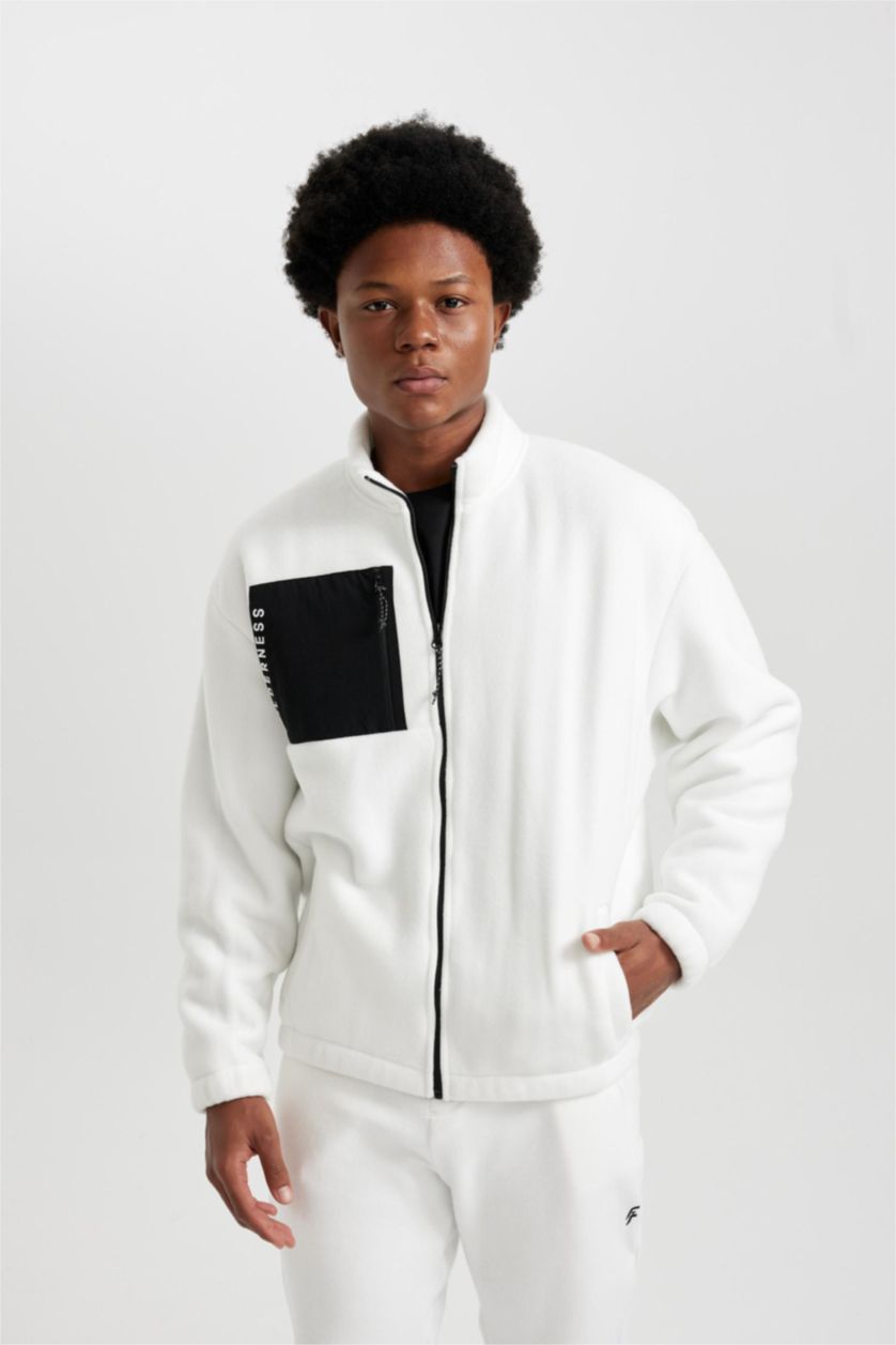 Erkek Ekru Oversize Fit Geniş Kalıp Cepli Polar Fermuarlı Sweatshirt