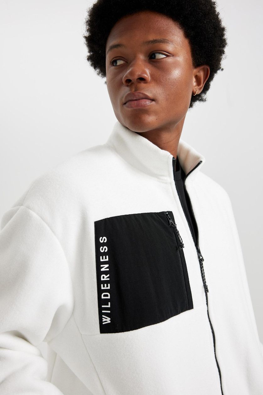 Erkek Ekru Oversize Fit Geniş Kalıp Cepli Polar Fermuarlı Sweatshirt