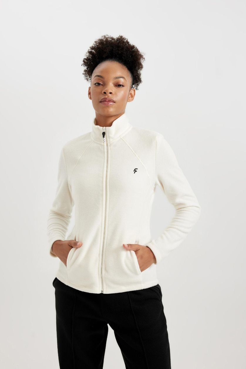 حريمي بيج فاتح كارديجان قطيفة بطبعة شعار قصة عادية من DeFactoFit