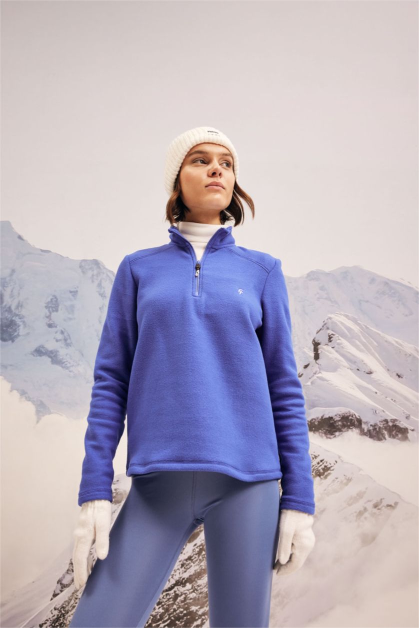 حريمي أزرق فاقع سويت شيرت قطيفة بطبعة شعار قصة عادية بسوسته