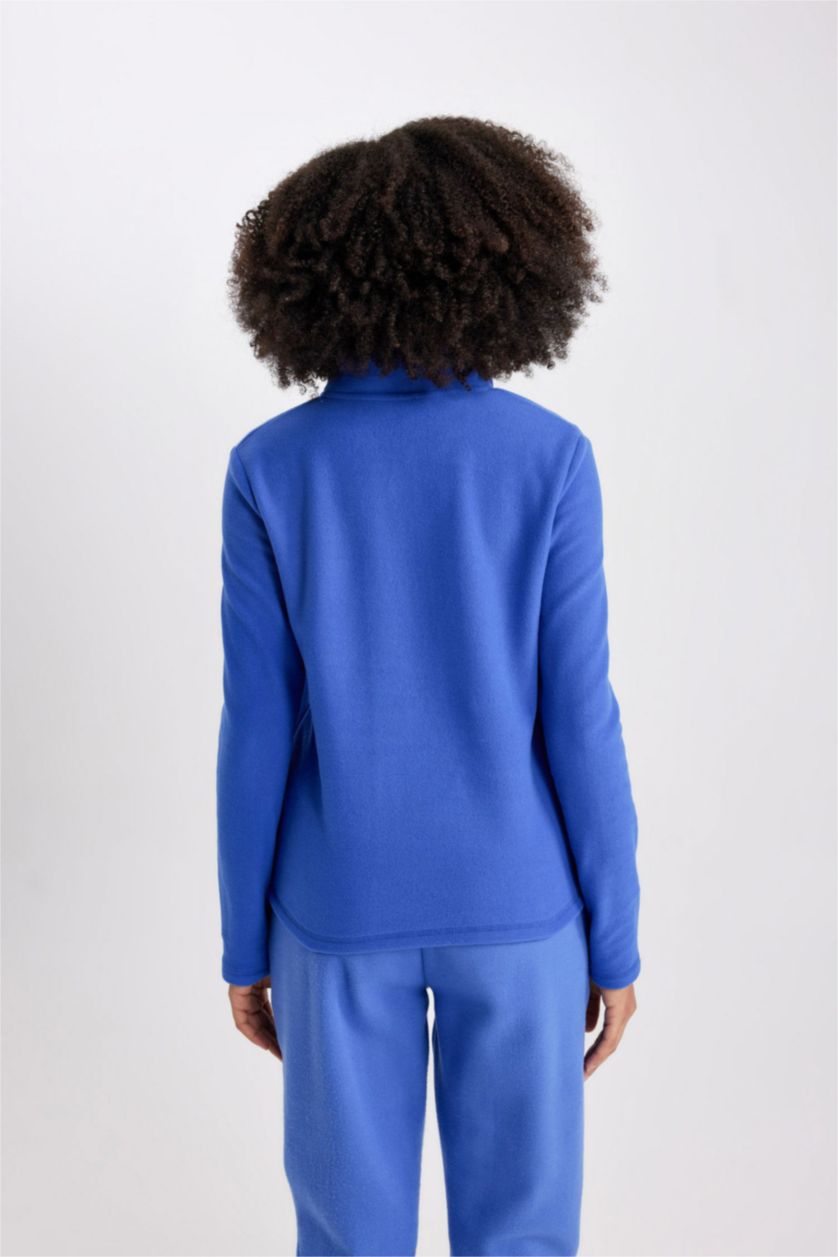 حريمي أزرق فاقع سويت شيرت قطيفة بطبعة شعار قصة عادية بسوسته