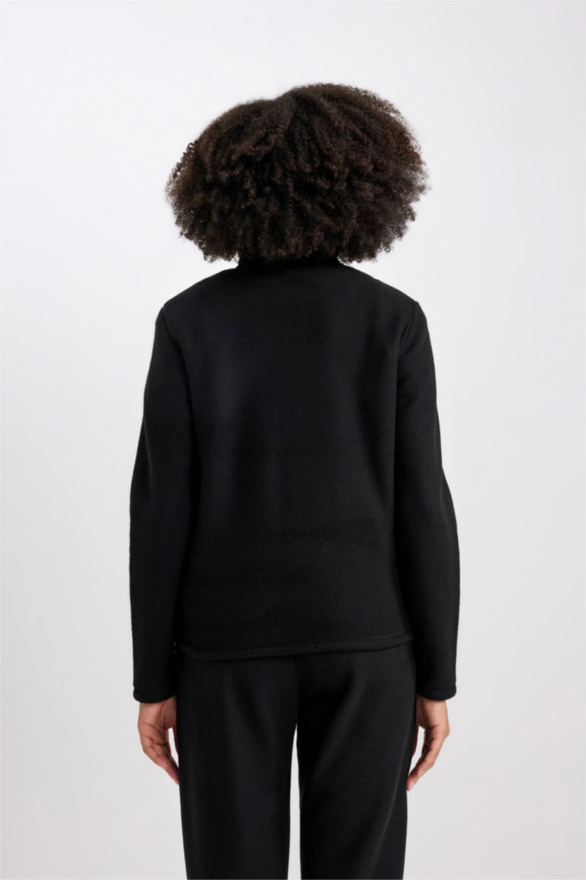 حريمي أسود سويت شيرت بطبعة شعار قصة عادية بياقة بسوسته