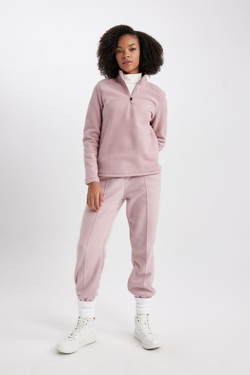 حريمي زهري سويت شيرت قطيفة بطبعة شعار قصة عادية بسوسته